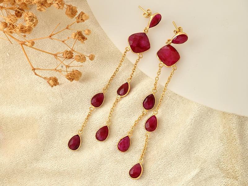 Natural Ruby Dangle Earring/Gold Plated Earring/Bridal Earring/Handmade Jewelry/Ruby Wedding Earring/Gold Plated Jewelry/B'day Gift