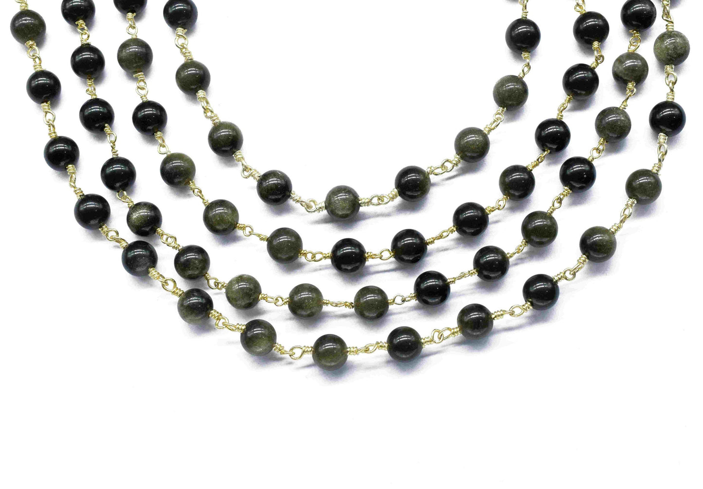 Natural Golden Obsidian Smooth Beads,Wire Wrapped Rosary Chain,beads Rosary chain Necklace,6mm Round Smooth Chain,Handmade Jewelry,Gift