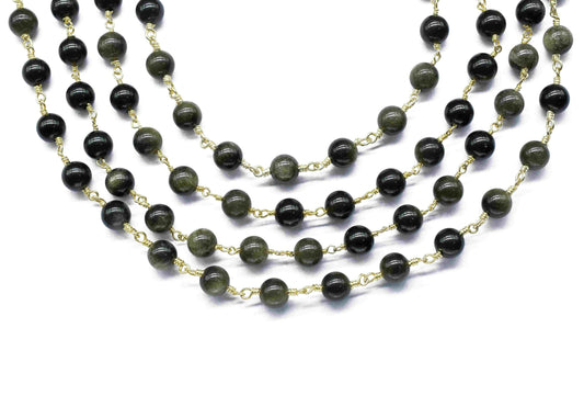 Natural Golden Obsidian Smooth Beads,Wire Wrapped Rosary Chain,beads Rosary chain Necklace,6mm Round Smooth Chain,Handmade Jewelry,Gift