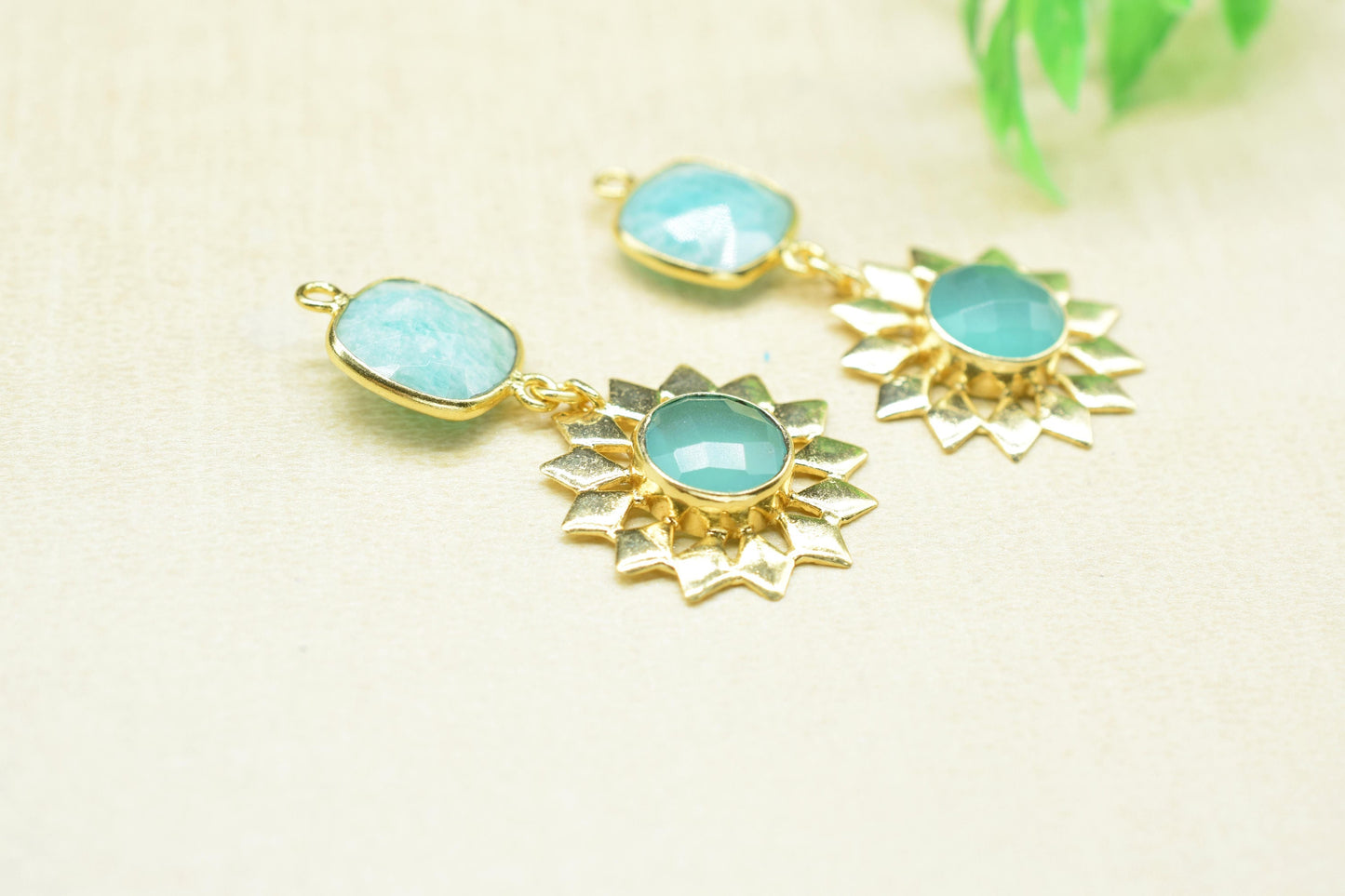 Amazonite Bezel Charms/Aqua chalcedony Pendant/Blue Topaz Jewelry/Earring Connector/Station Bezel Link Pendant/Handmade Jewelry/B'day Gift