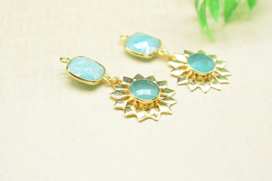 Amazonite Bezel Charms/Aqua chalcedony Pendant/Blue Topaz Jewelry/Earring Connector/Station Bezel Link Pendant/Handmade Jewelry/B'day Gift