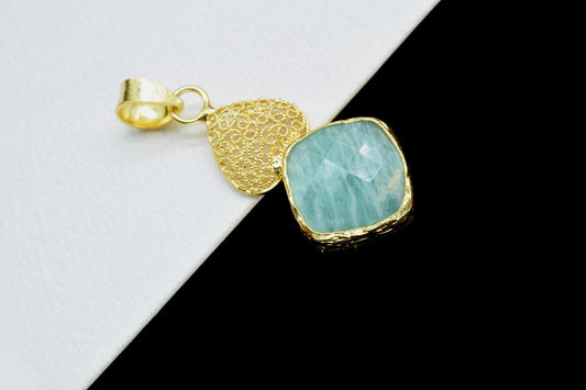 Amazonite Gold Plated Turkish Finished Pendant,Amazonite Necklace,Big Amazonite Pendants,Mint Green Gold Necklaces,Gift for Women & Girls
