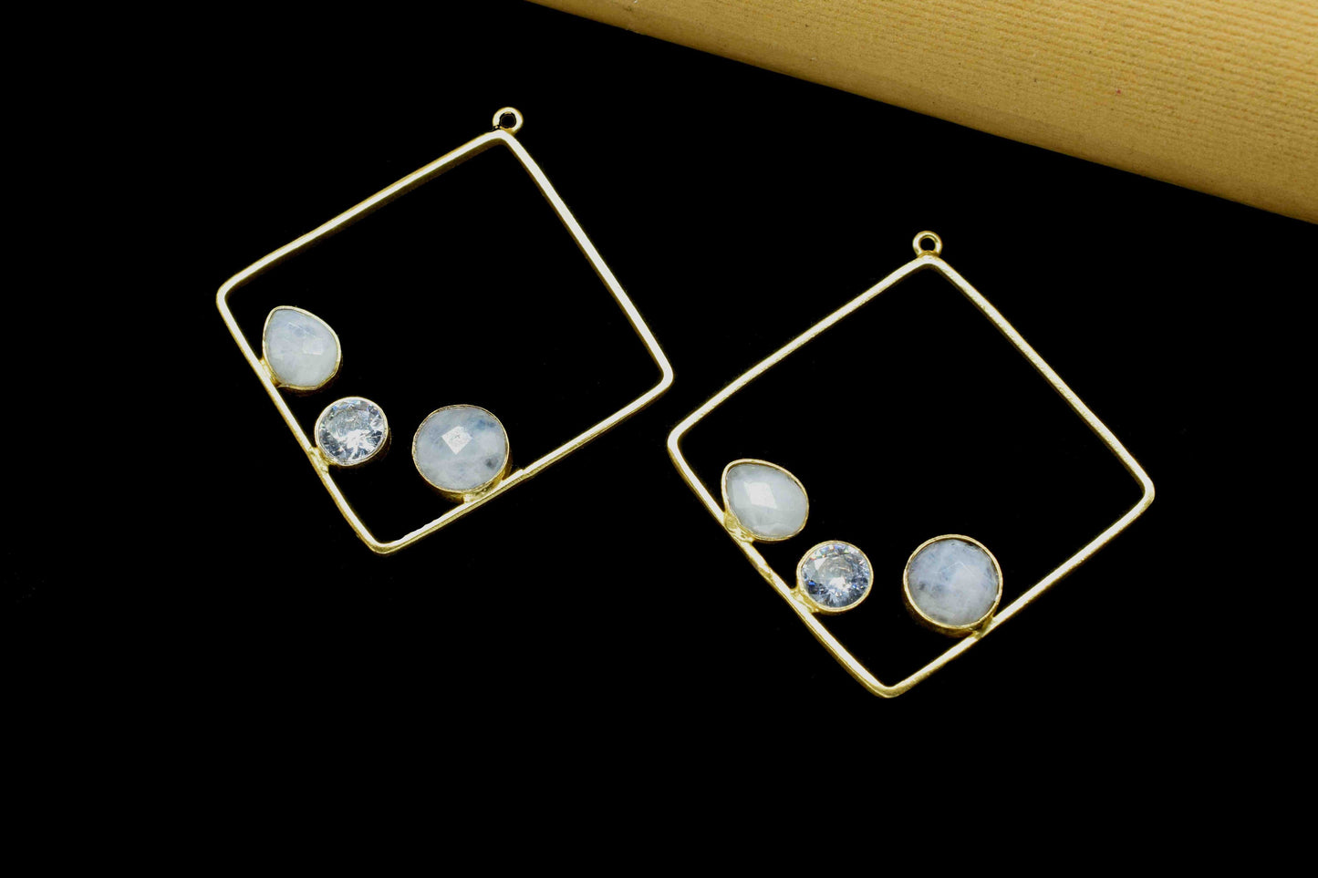 Moonstone 32mm Square Shape Component, Gemstone Single Bail Connectors,Moonstone Square Pendant, Moonstone Gold Plated bezel, Jewelry Making