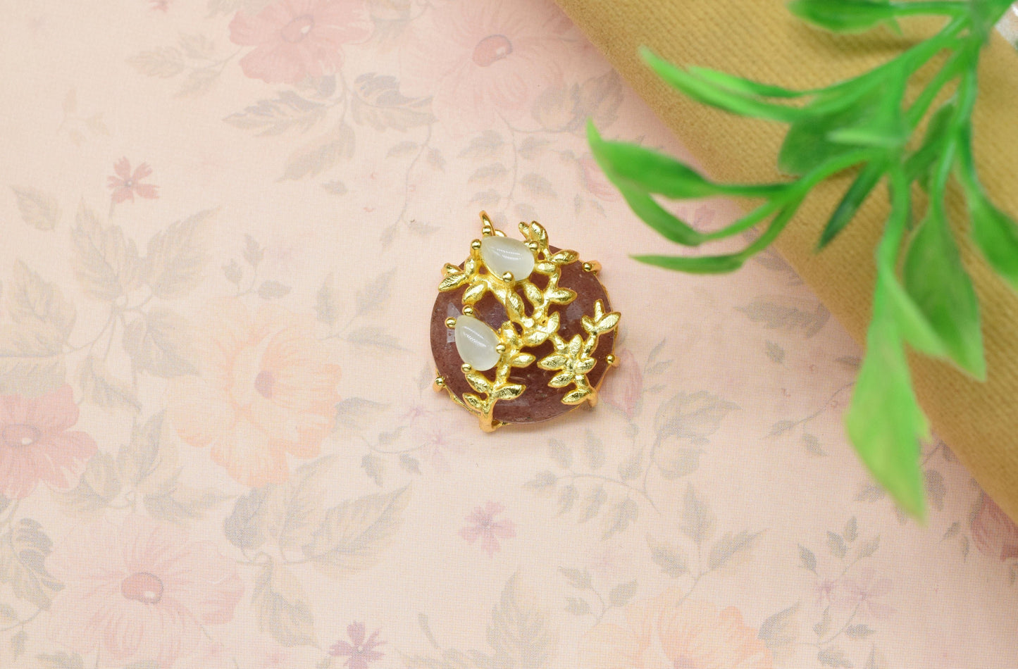 Pink Strawberry Pendant,Leaf Designer Pendant Charms,Circle Pendant,Handmade Craft,Gemstone Pendant,Multi Stone Pendant,Prong Set Pendant