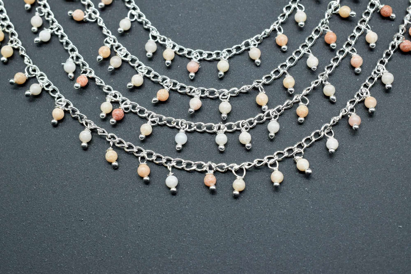 Peach Moonstone Cluster Rosary,Smooth Round Beads Rosary,Moonstone Wire Wrapped Jewelry,Dangling Rosary Chain,Jewelry Making Beaded Chain,