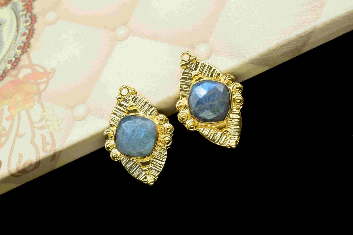 Natural Labradorite 10mm Cushion Connector Post Stud,Earring Connectors,Labradorite Jewelry, Findings Jewelry,Single Loop Connectors, Gift