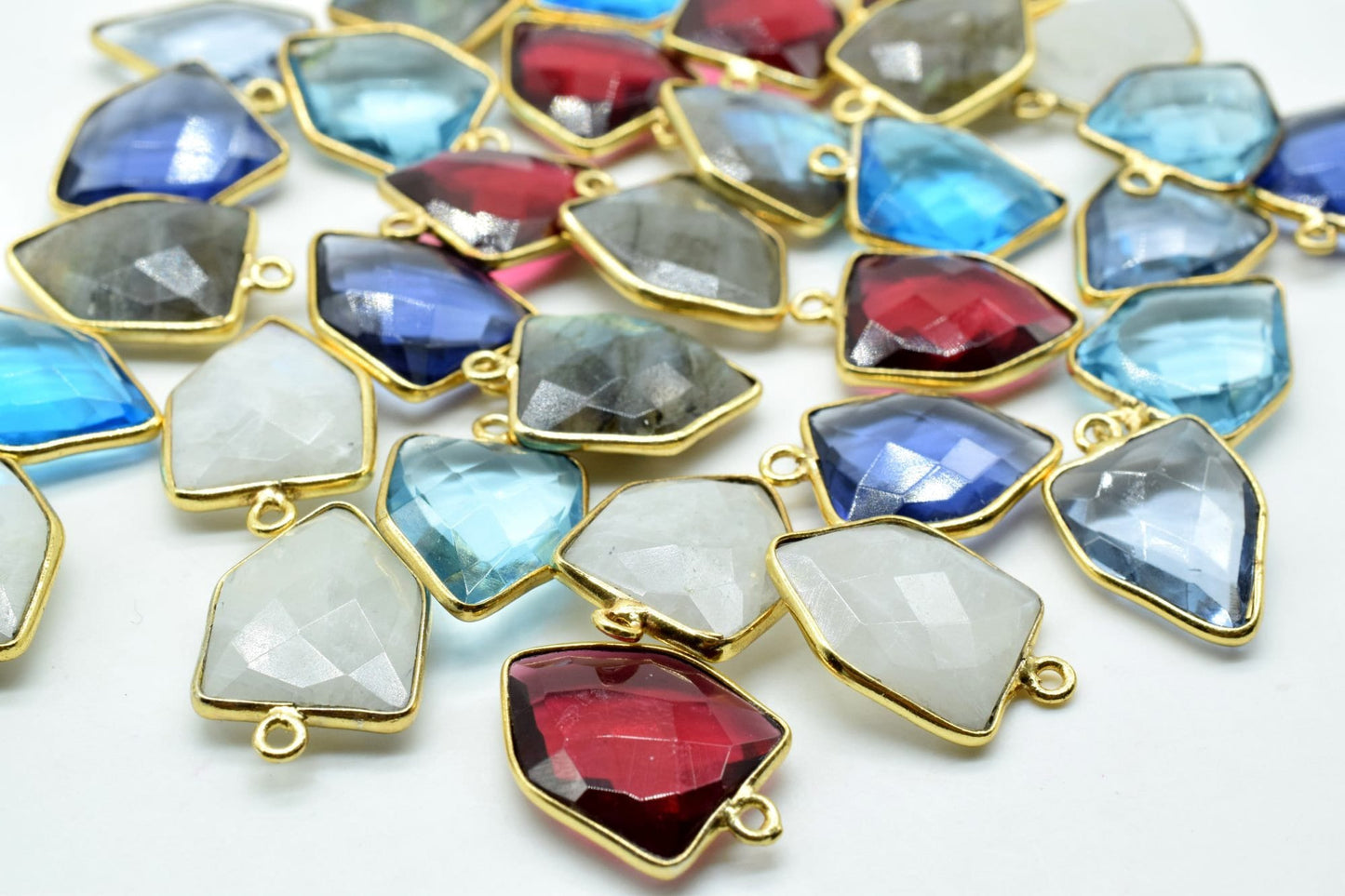 Moonstone 13x17mm Bezel charm,White rainbow fancy pendant,Rainbow Gold Plated bezel,Brass Charms Connector,Rainbow Jewelry Making charms,