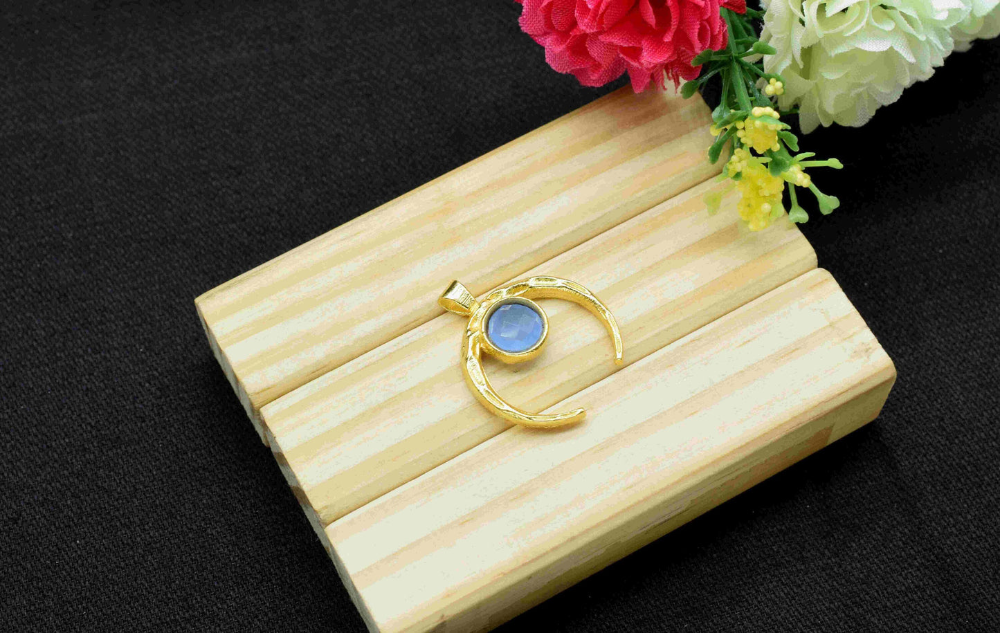 Blue Chalcedony Pendant , Single Bail Charm ,Blue Chalcedony Connector Pendant ,Gold Plated Connectors ,Single Bail Gemstone Connector Charm
