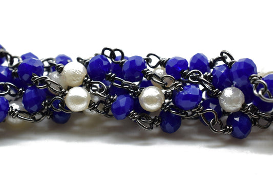 Sapphire Wire Wrapped Rosary Chain, Beaded Chain, Rosary Chain, Corundum Sapphire, Chain by The Foot,Unfinished Bead Wire Wrapped Chains