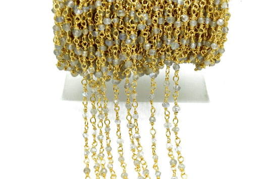 Labradorite 2mm Beaded Chain,Blue Fire Labradorite Rosary Chains,Gold Plating Wire Wrap Chain,Brass chain,Jewelry Making Chains,Rosary chain