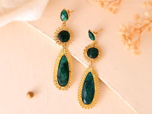 Natural Emerald Dangle Earring/Gold Plated Earring/Bridal Earring/Handmade Jewelry/Emerald Wedding Earring/Gold Plated Jewelry/Gift