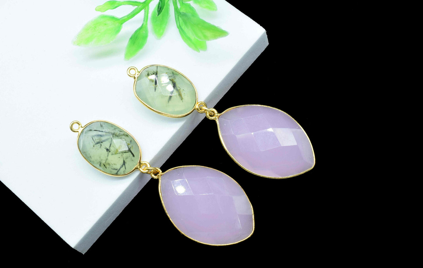 Prehnite Dangle pendants,Handmade jewelry,Rose Quartz pendant Charms,Component pendant,Station Link,Multi Gemstone Connector,Bezel Jewelry