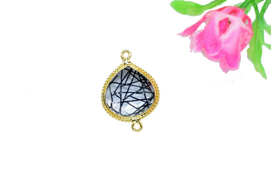 Rutile Gold Plated bezel jewelry making charms,Rutile Double Bail pendant,Rutile Charms jewelry,Black Rutile Gemstone 14mm Heat shape charm