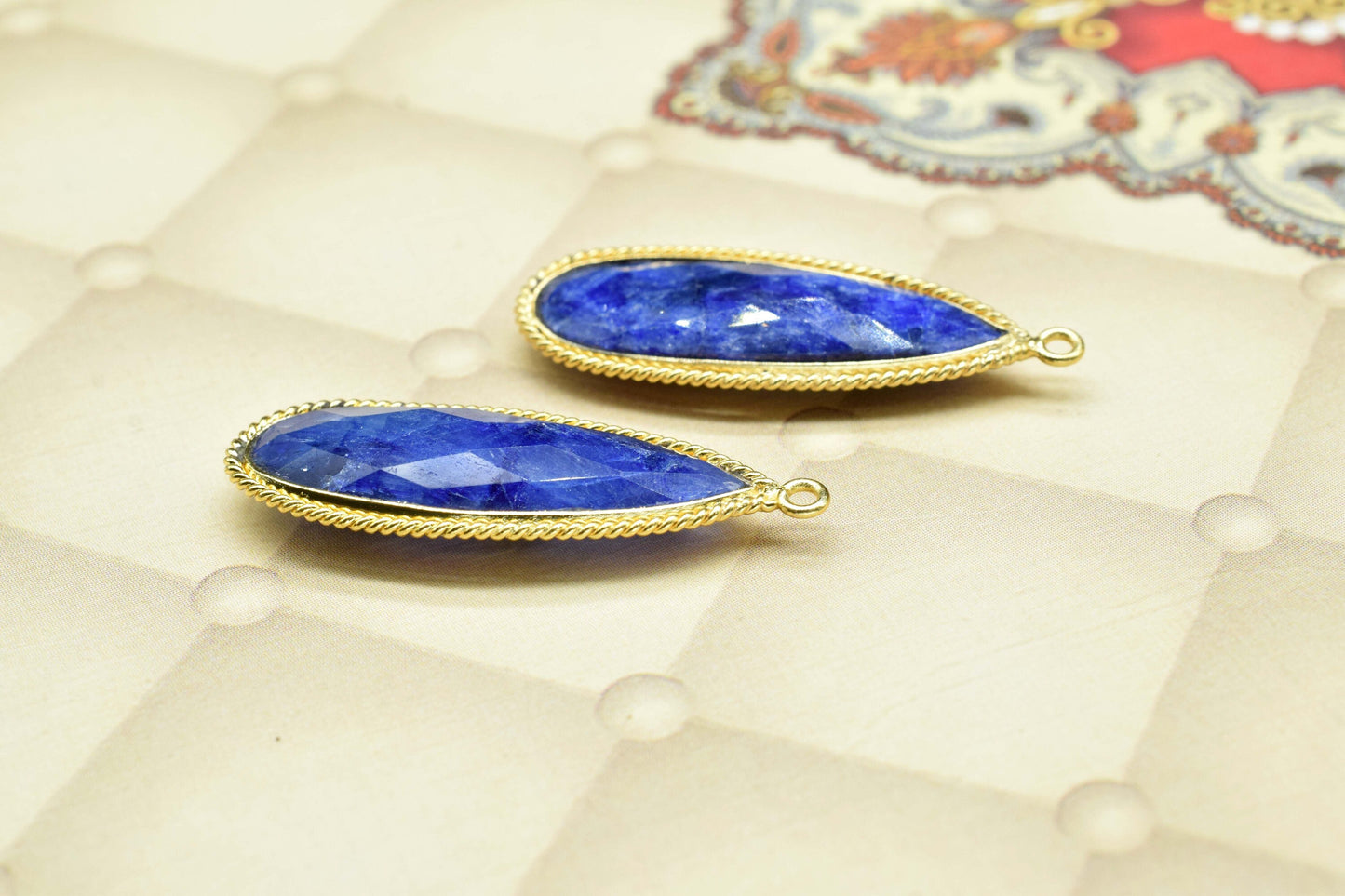Blue Sapphire Faceted 10x30mm Pear Shape Charm,Sapphire Gold Plated Charms Pendant,Blue Sapphire Connectors,Sapphire Single Bail Connector