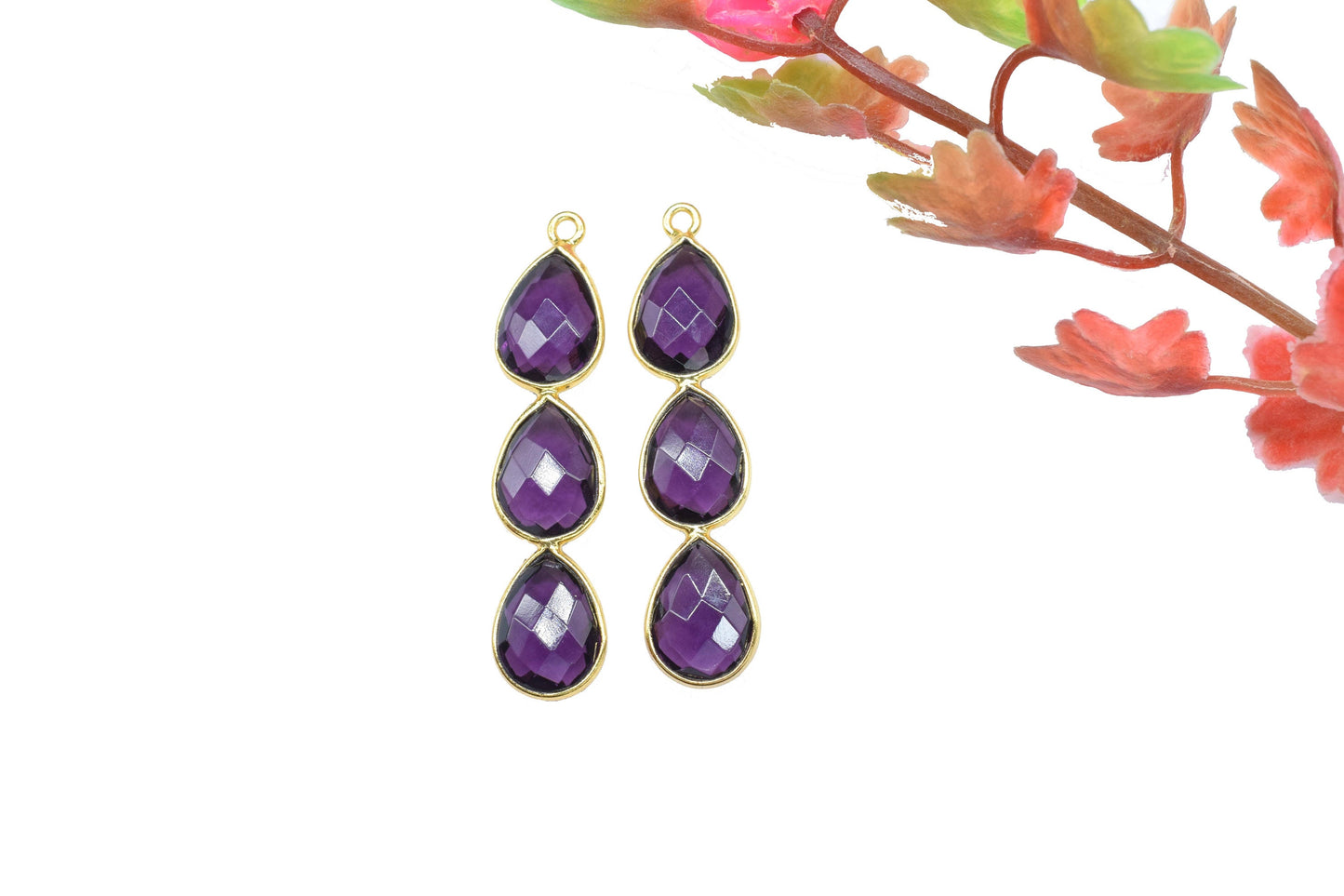 Three Stone Bezel Pendants,Gemstone Teardrop Charms,Handmade Beads Jewelry,Components Earring Connector,Single bail Station Bezel Link,Gift