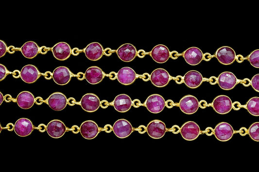Natural Ruby Faceted Bezel Connector,Finding Round Bezel Chain,handmade Jewelry Chain,Station Link Chain,Ruby Round Beads Chain necklace