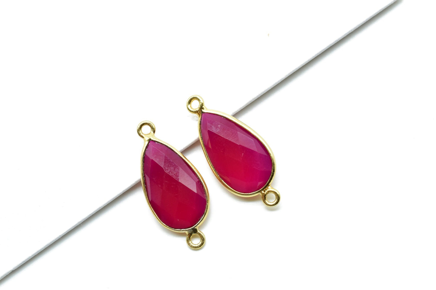 Pink chalcedony 10x18mm Pear shape double loop connectors,Checker Board cut Pink Chalcedony Pendant,Hot Pink charms,Fuchsia Pink Chalcedony