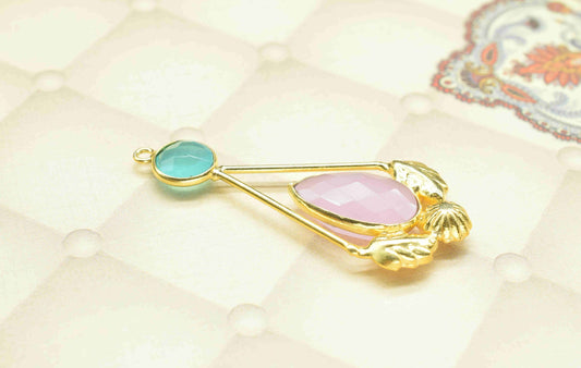 Aqua Chalcedony Gemstone Pendant ,Rose Quartz Handmade Pendant , Multi Gemstone Charms , Gold Plated Gemstone Connectors , Summer Collection