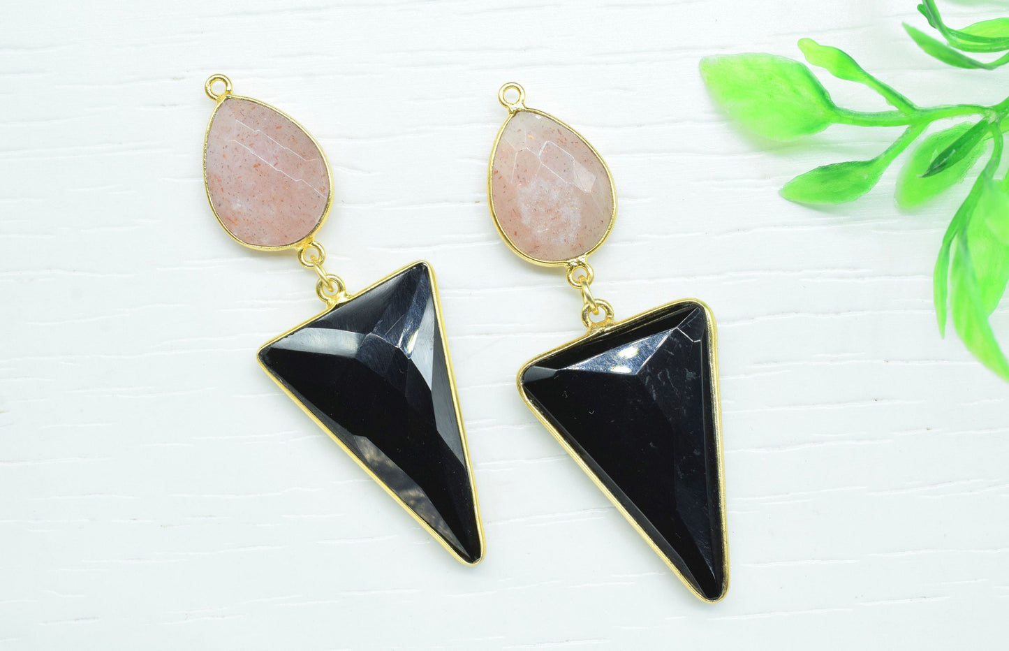 Black Onyx Dangle pendant Charms,Peach Moonstone Connectors,Handmade jewelry,Component pendant,Station Link,Multi Gemstone Dangle Earrings