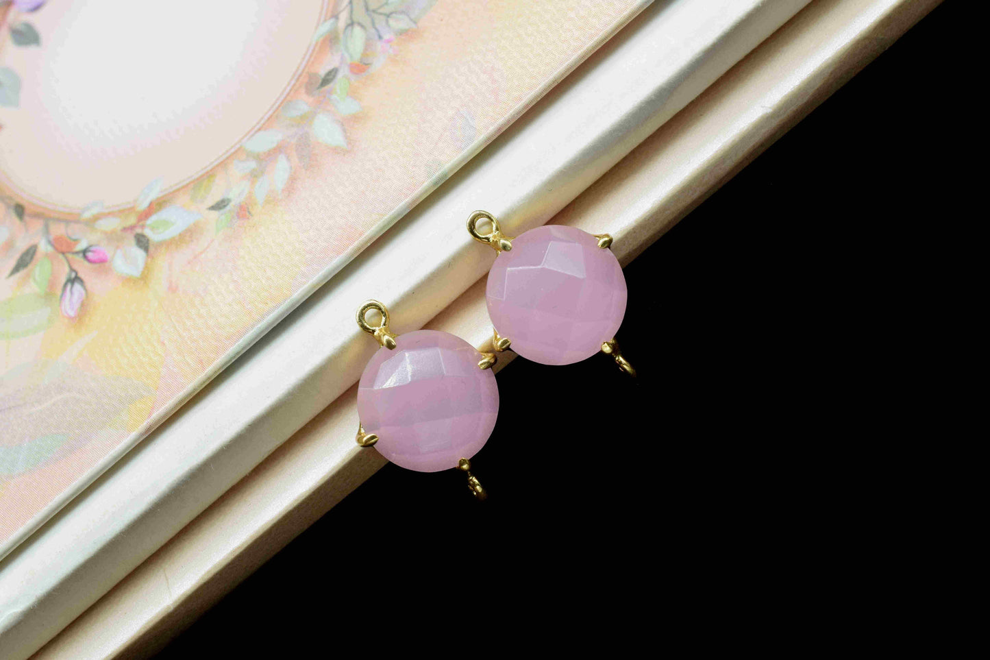 Rose Quartz Round Connector,double bail connector,Rose Quartz jewelry,Handmade Gemstone Bezel,Pink Quartz Prong Bezel Connector Jewelry,Gift