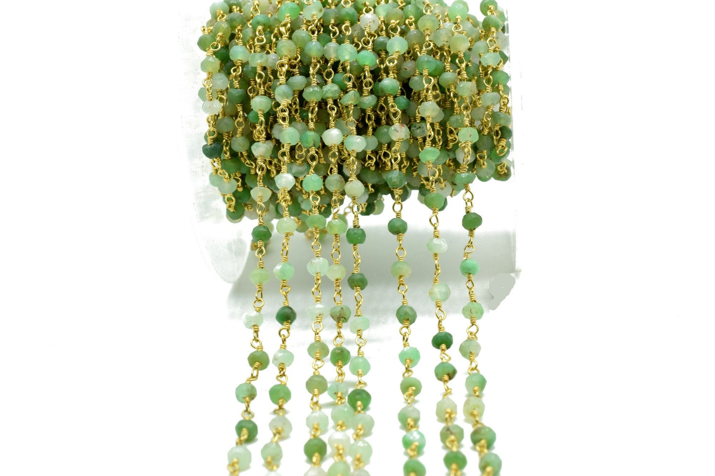 Chrysoprase 3mm Beaded Chain,Gemstone Gold Plated Wire Wrapped Rosary Chain In Brass, beaded Rosary Chains, Handmade Jewelry Making Chains