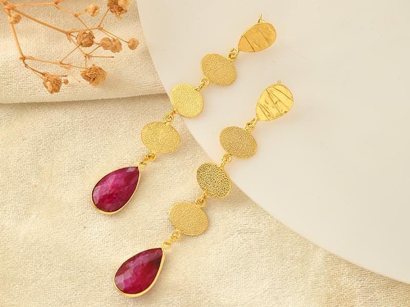 Ruby Dangle Earring/Gold Plated Earring/Ruby Gold Plated Earring/Wedding Jewelry/Texture Gold Plated Earring/Long Earring/Gemstone Earring