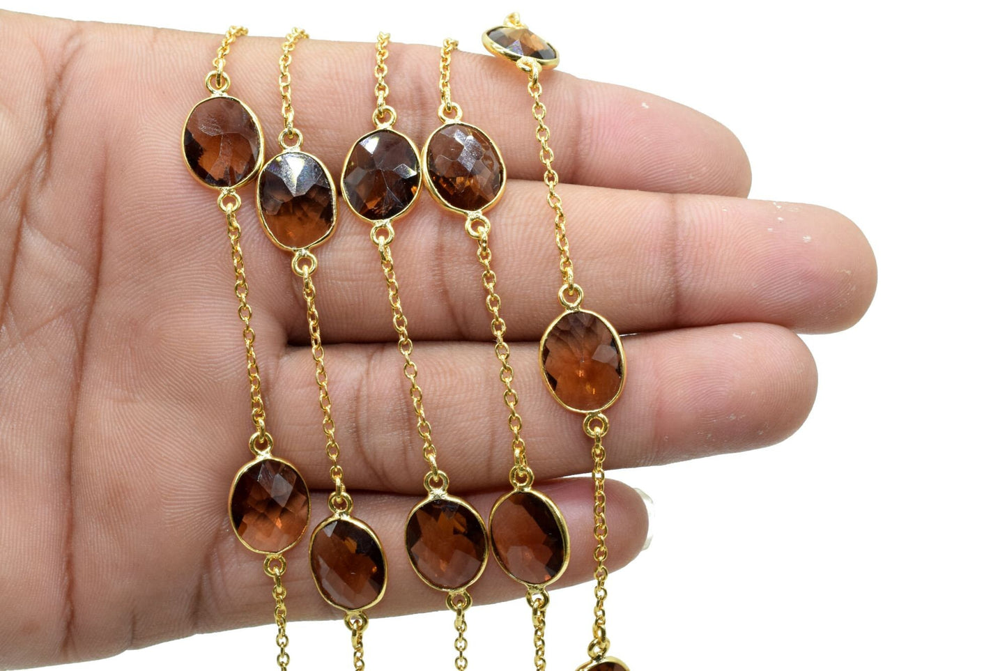 Smoky Quartz Gold Plated Bezel Chain Gemstone Connector, Oval Necklace Chain,Bezel Connector Chain,Selling Per Foot,Jewelry making chains