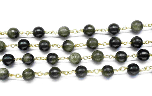Natural Golden Obsidian Smooth Beads,Wire Wrapped Rosary Chain,beads Rosary chain Necklace,6mm Round Smooth Chain,Handmade Jewelry,Gift