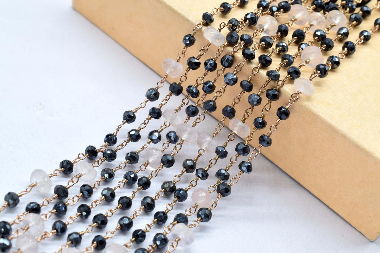 4 mm Black onyx  Rosary Chain,rose quartz Faceted Beaded Chain,Wire Wrapped gold Plated Chain,bigger size beaded ,rosary ,dual gemstone,boho