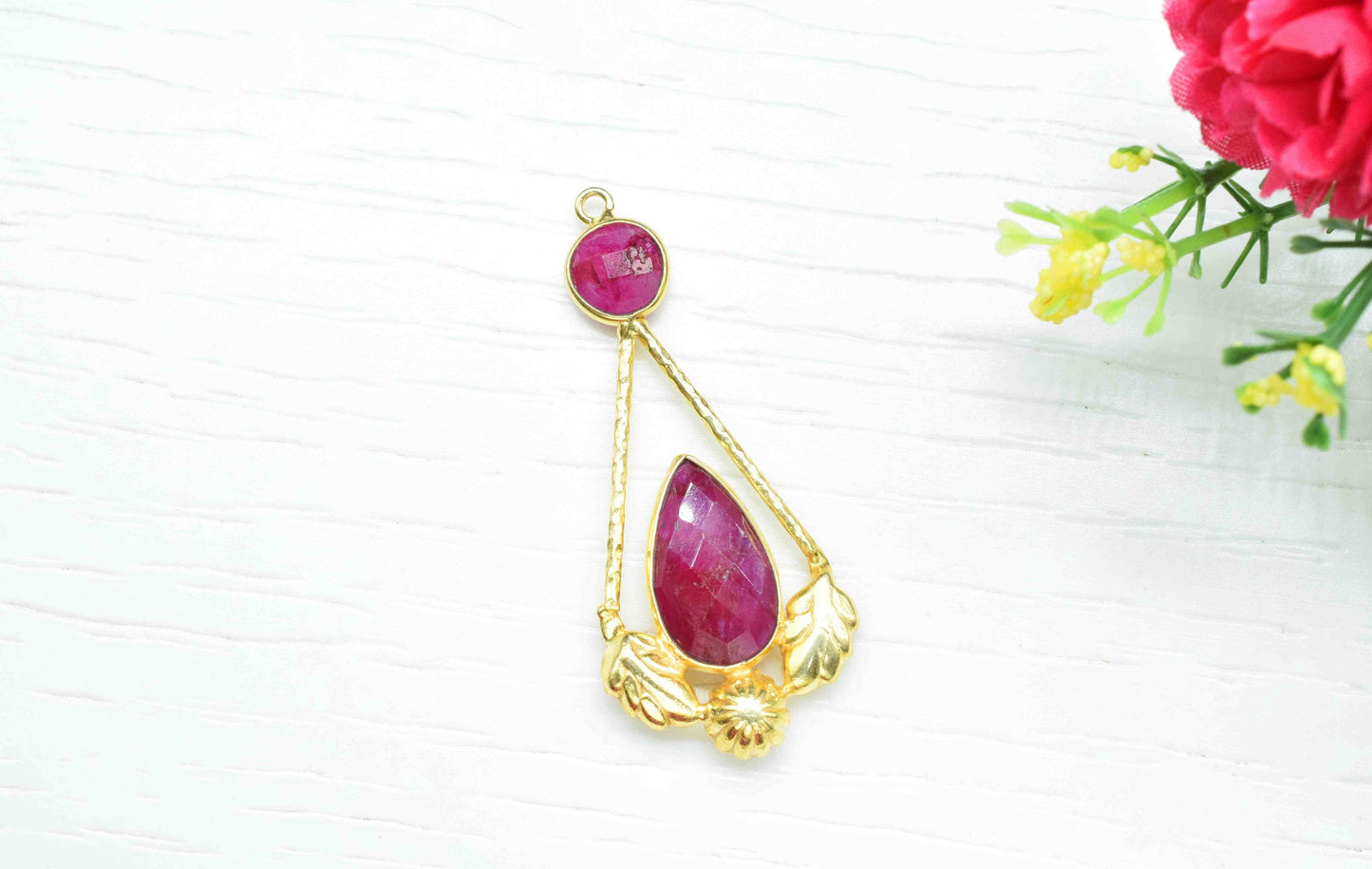 Ruby Gemstone Pendant , Ruby  Handmade Pendant , Multi Gemstone Charms , Gold Plated Gemstone Connectors , Summer Collection