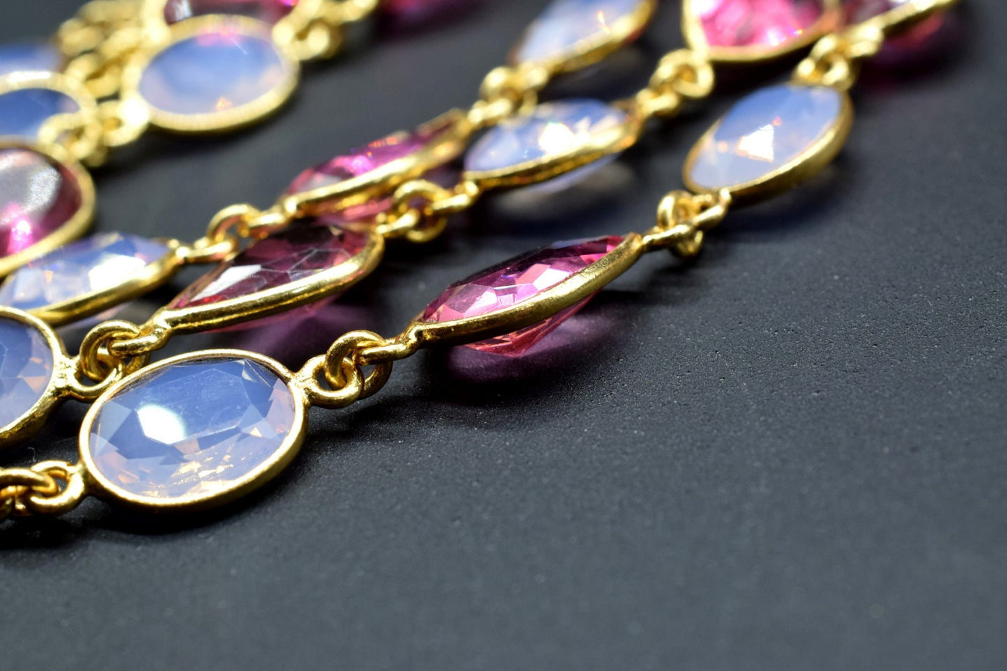 Pink Tourmaline & Opalite Bezel Connector Chain,Gold Plated Gemstone Chain, Bracelet Chain, Oval Connectors,Pink Tourmaline Connector Chain
