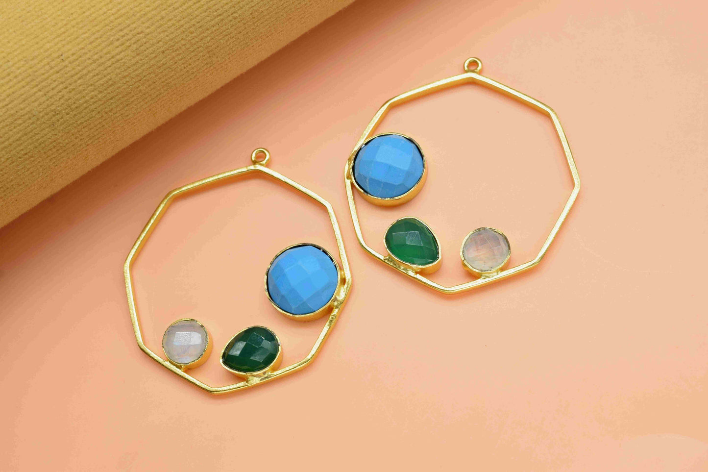 Multi Stone Turquoise Gemstone 10mm Round Shape Pendant,Green Onyx Pendant,Moonstone Faceted Gemstone,Finding Hexagon Shape Jewelry,Gift Her