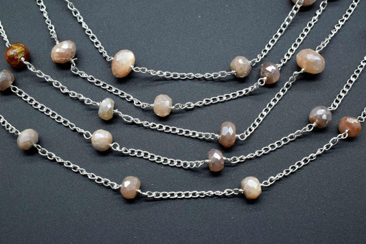 Peach Moonstone Coted Beads Rosary,Silver Plated,Wire Wrapped link Stone Rosary Chain,Bead Supplies,Craft Supply Rosary,Handmade Beads Chain