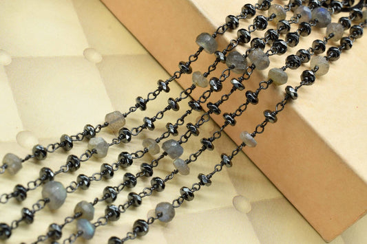 Labradorite 3mm Beaded Chain,Labradorite Rosary Chain,Gold Plating Wire Wrap Chain,Hematite Gemstone Rosary Chain ,dual gemstone beaded .