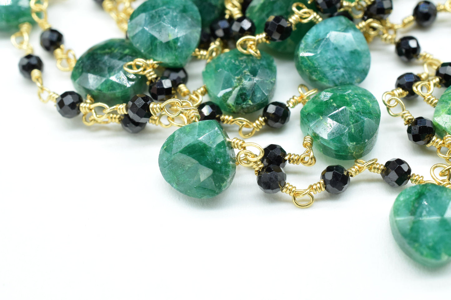 Natural emerald With black onyx Beads Rosary Chain, New Style Cluster Beads Chain, Briolette Drilled Teardrop Shape Chain Supplies.gemstone