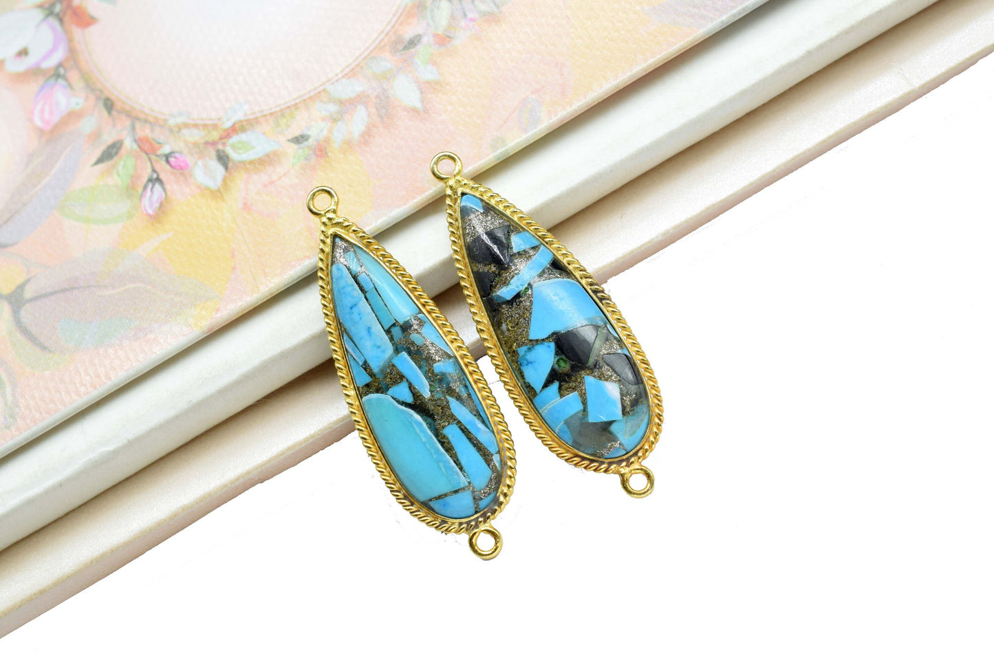 Copper Turquoise Gemstone 10x30mm Pear Shape Charms Pendant,Turquoise Double Bail Pendant,Copper Turquoise Gold Plating Gemstone Charms,Gift