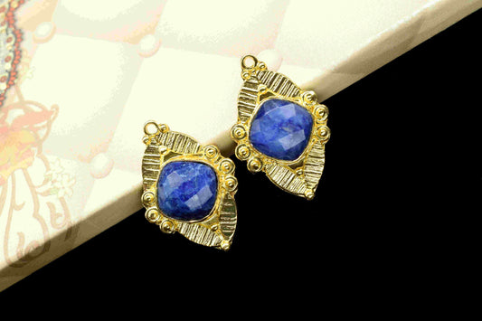Blue Sapphire 10mm Cushion Shape Connector,Pendant Findings,Blue Sapphire post stud,Gold Plated Earring Connector,Blue Sapphire Stud Jewelry