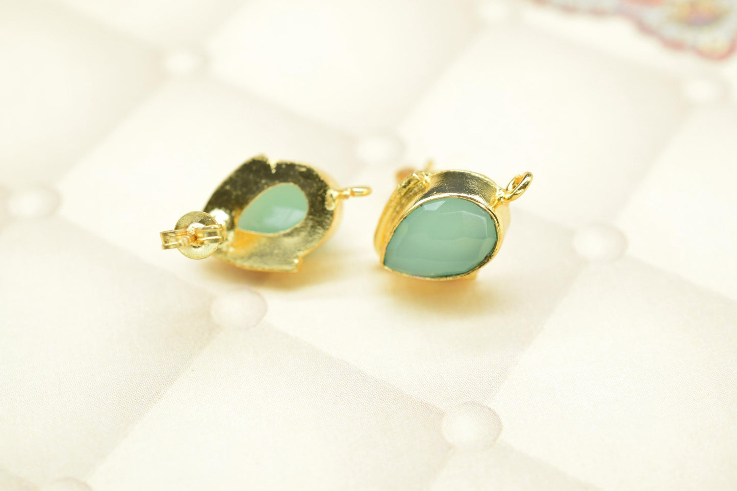 Aqua Chalcedony Studs Earring/Gold Plated Earring/Handmade Earring/Bezel Set Earring/Teardrop Earring/Women Jewelry/Connector Earring/Gift