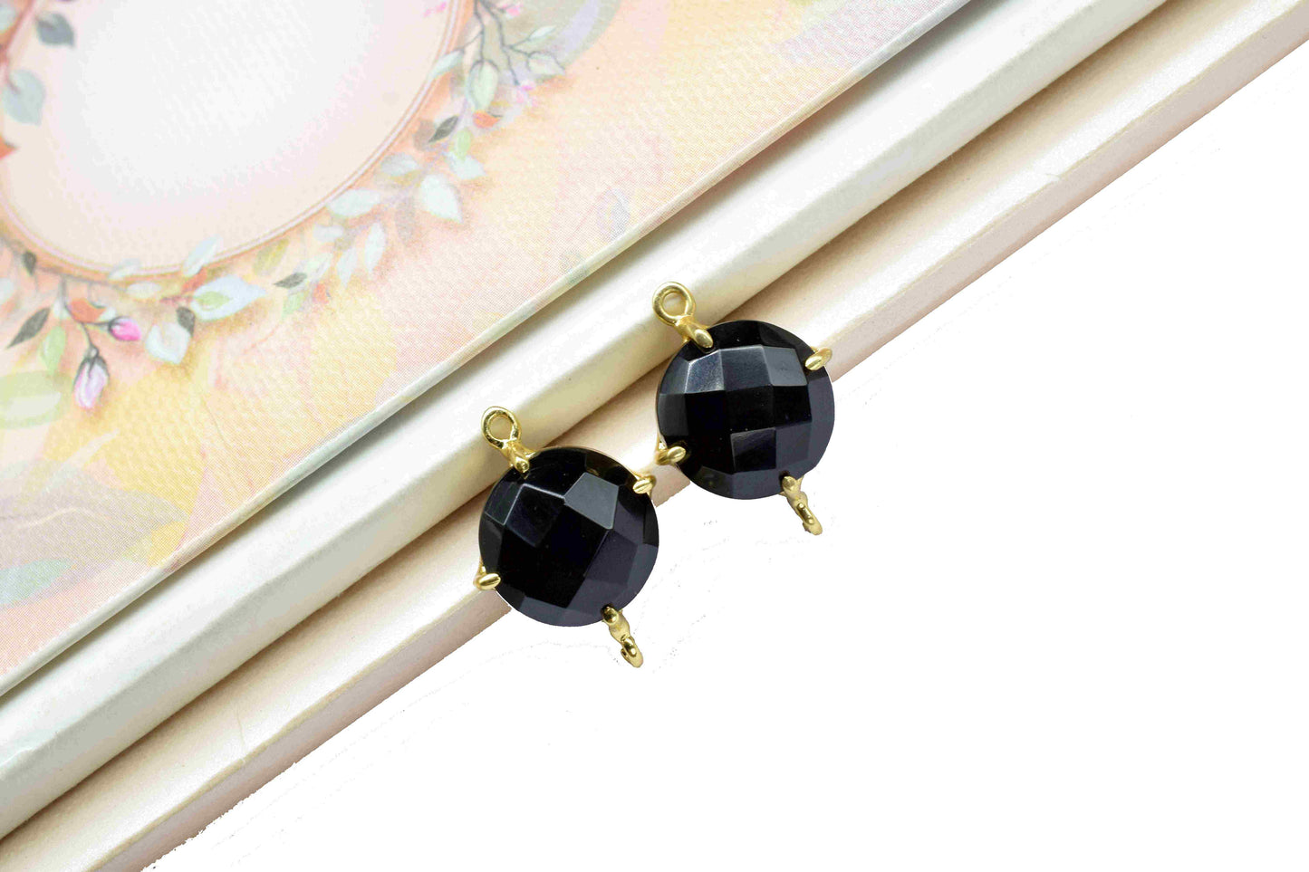 Black Onyx Prong Bezel Charms,Black Onyx double bail connector jewelry,Black Onyx Gemstone Pendant,Black Onyx Faceted 12mm round Shape Bezel
