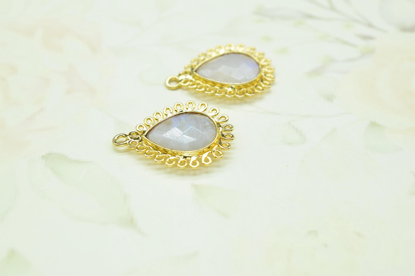 Rainbow 10x14mm Teardrop Charm,Gemstone Teardrop Bezel,Handmade Pendant connector,Single Bail Pendant,Moonstone Bezel Charm,Necklace Pendant