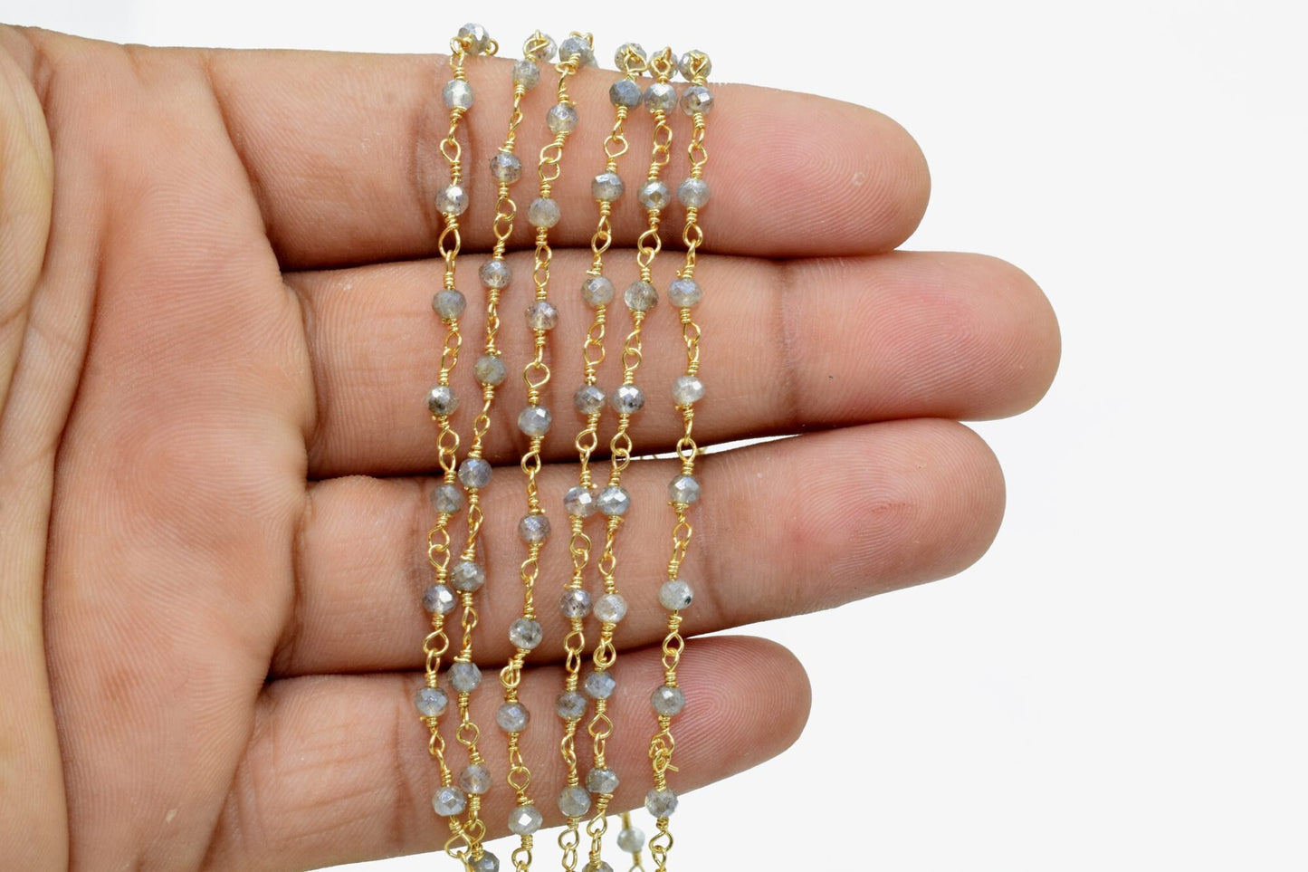 Coated Labradorite 3mm Beaded Chain,Blue Fire Labradorite Rosary Chains,Gold Plating Wire Wrap Chain,Brass chain,Jewelry Making Chain,Rosary