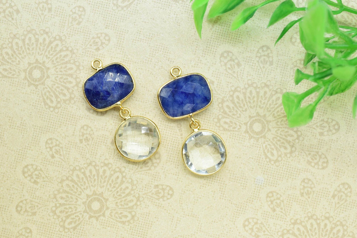 Crystal Dangle Component Earrings,Handmade Jewelry,Gemstone Connector,Multi Stone Jewelry,Station Bezel Link,Blue Sapphire pendant Connector
