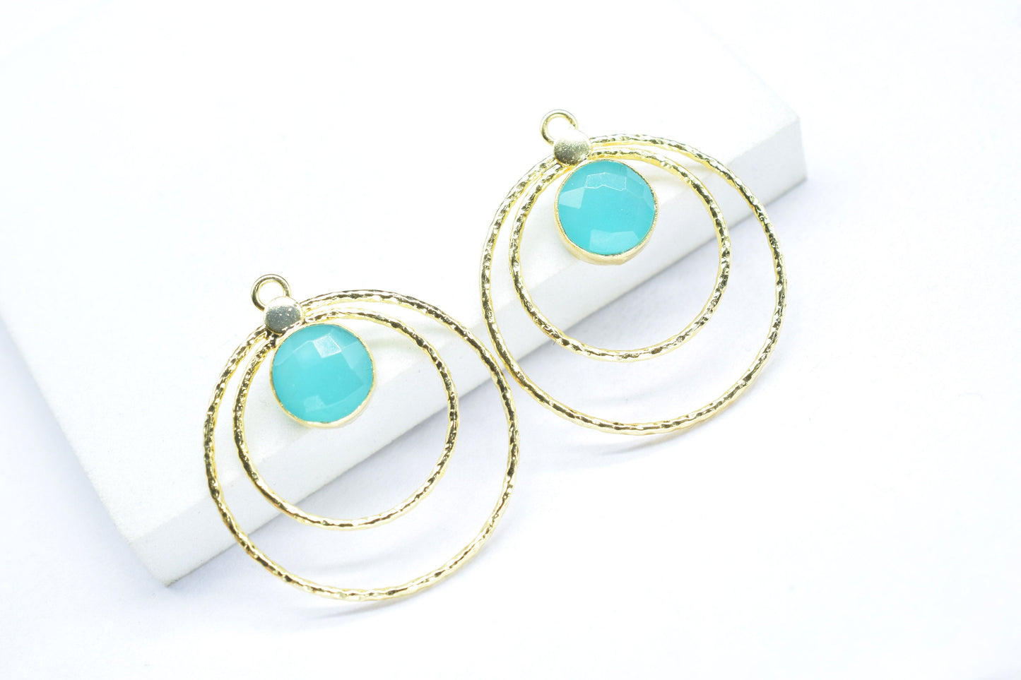 Aqua Chalcedony Round Bezel Connector,Aqua Earring Connector,Brass Textured Jewelry,Aqua Neacklace Pendant,Aqua Gemstone Jewelry,Mom's Gift
