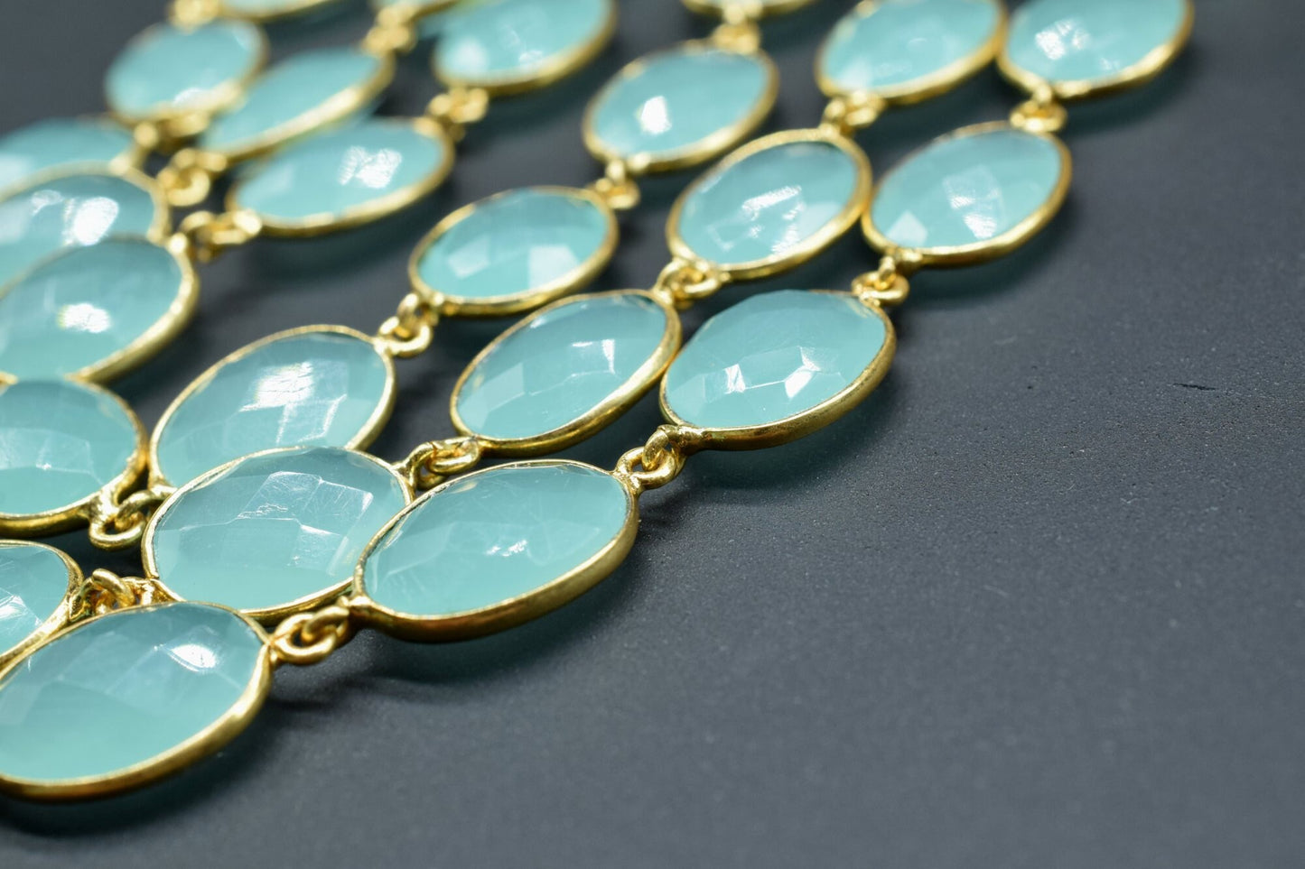 Aqua Chalcedony Oval Connector Chain,Chalcedony Gold Bezel Connector Chain,Oval Aqua Chalcedony Faceted Gemstone,Gold Plated Rosary Chain