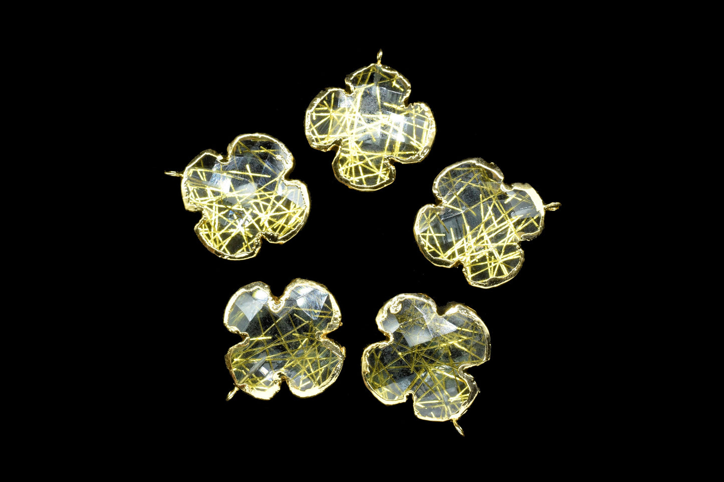 Gold Rutile Clover Shape Pendant Charms,Gold Rutile Electroplated Pendant jewelry,Gemstone Component Pendant,Handmade Earring Connector,Gift