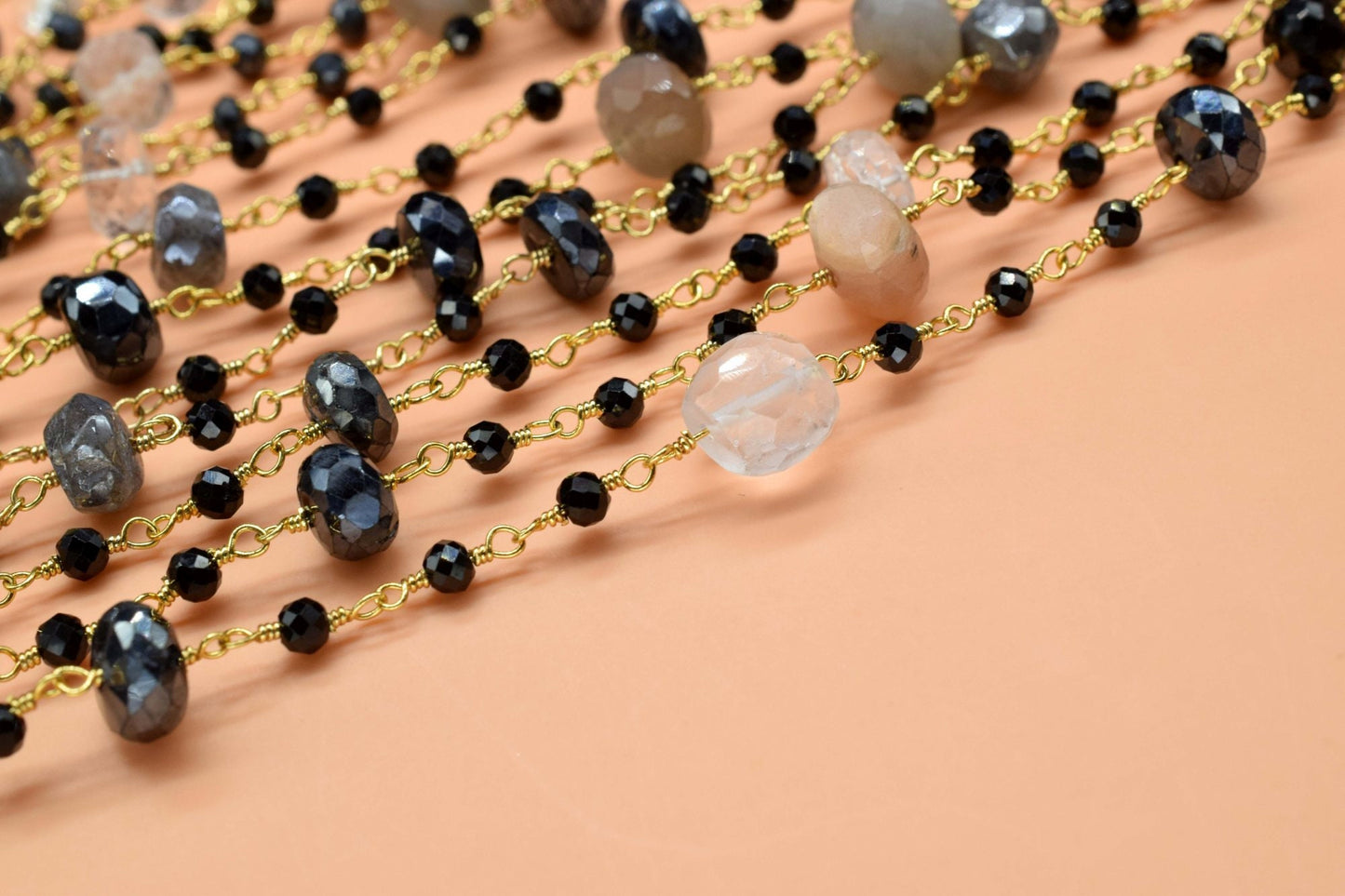 4 mm Black onyx  Rosary Chain,multi moonstone Faceted Beaded Chain,Wire Wrapped gold Plated Chain,bigger size beaded ,rosary ,dual gemstone,