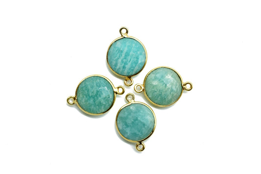 Amazonite 14mm Round double loop Connectors,Brass Gold Plated bezel,Amazonite Pendant,Amazonite Coin shape Links,Jewelry Making Findings
