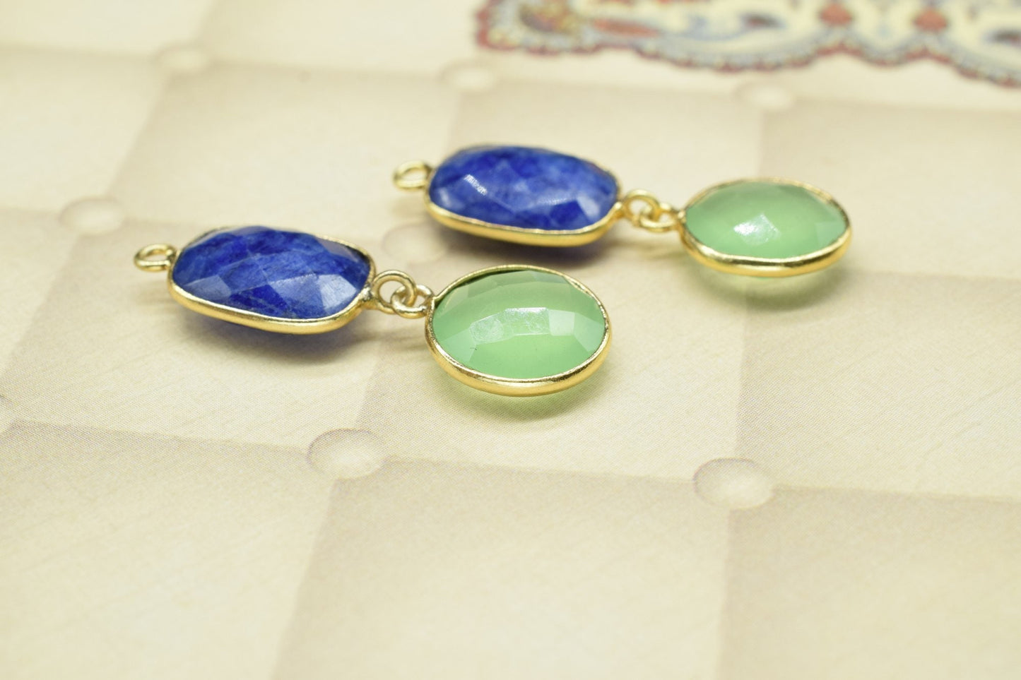 Blue Sapphire & Prehnite Connector,Handmade Pendant,Multi Stone Pendant Charms Necklace,Station Bezel Link,Gemstone Earring Connector,Gift