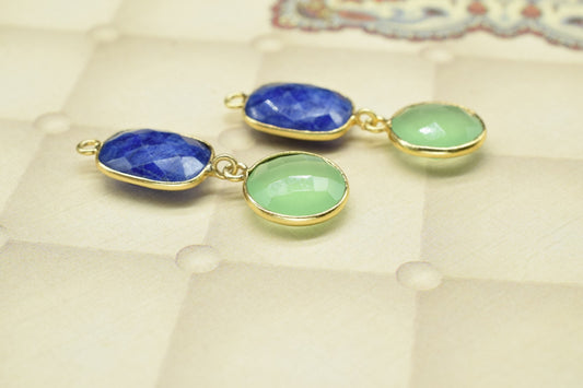 Blue Sapphire & Prehnite Connector,Handmade Pendant,Multi Stone Pendant Charms Necklace,Station Bezel Link,Gemstone Earring Connector,Gift