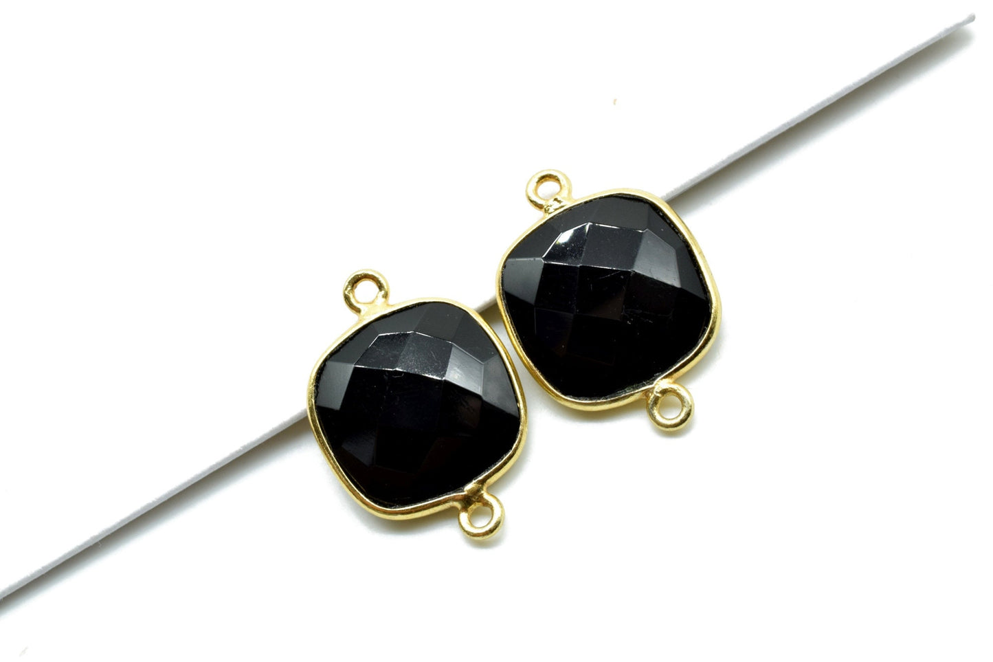 Black Onyx 14mm Cushion double bail connectors,Black Onyx Bezel Findings Cushion Charms,Black Onyx Cushion Gold Plated Shape Connector,